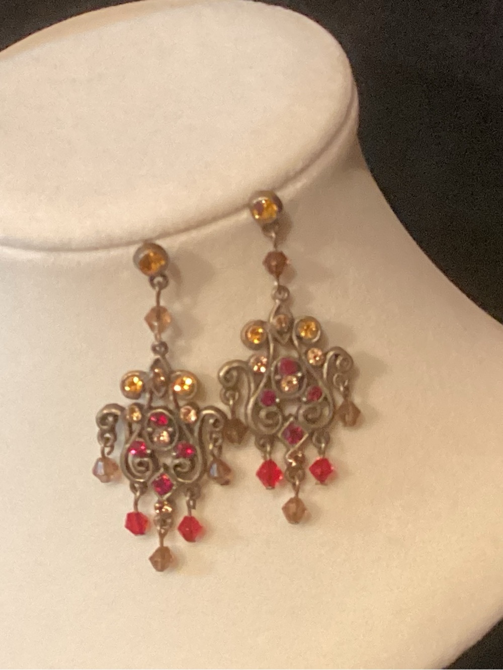 Vintage-Style Gold Filigree Drop Earrings with Red and Amber Crystals